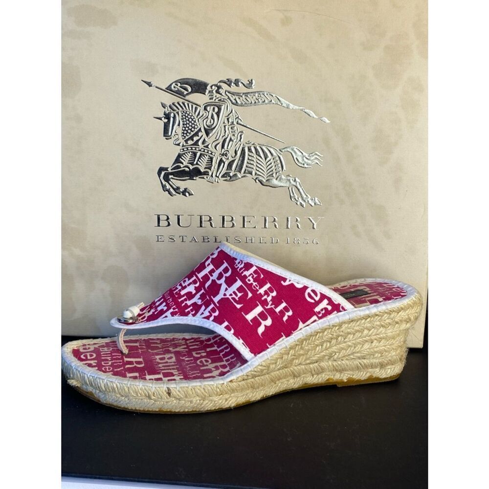🛍️ Burberry Authentic Red All Over Logo Canvas Espadrille Wedges Size 38
